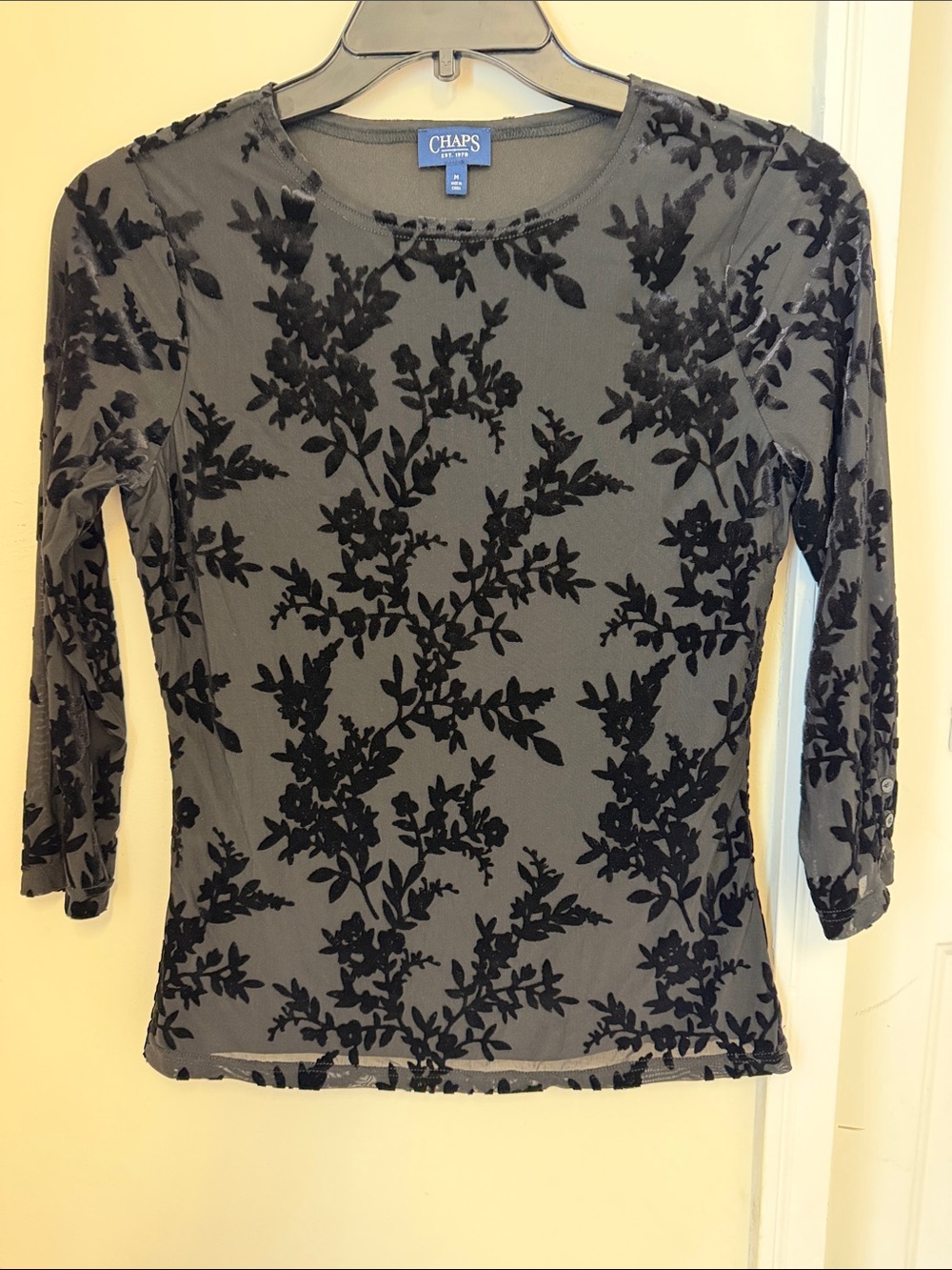 Chaps Black Floral Burnout Mesh 3/4Sleeve Top